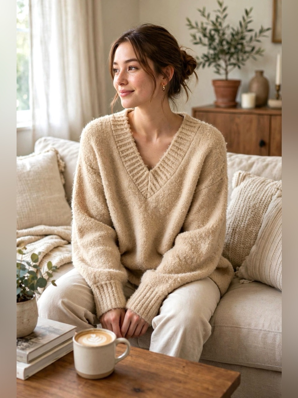 aerie Teddy Bouclé Cozy Oversized V-Neck Sweater in Beige - Sz M